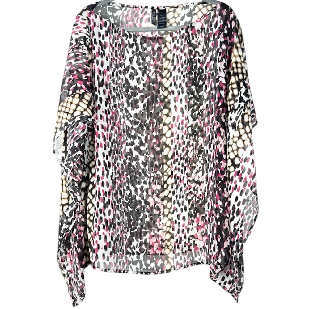 Bisou Bisou Animal Print Sheer Blouse Top Pink Black Cream Size M